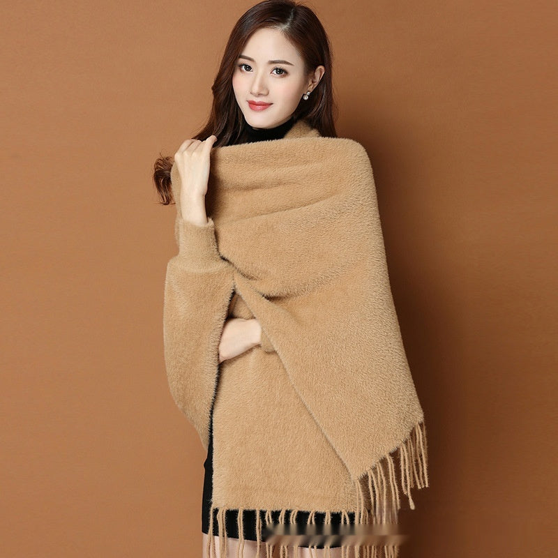 Autumn And Winter Classic Pure Color Thickened Faux Mink Sleeved Shawl Women's Scarf StreetSharks