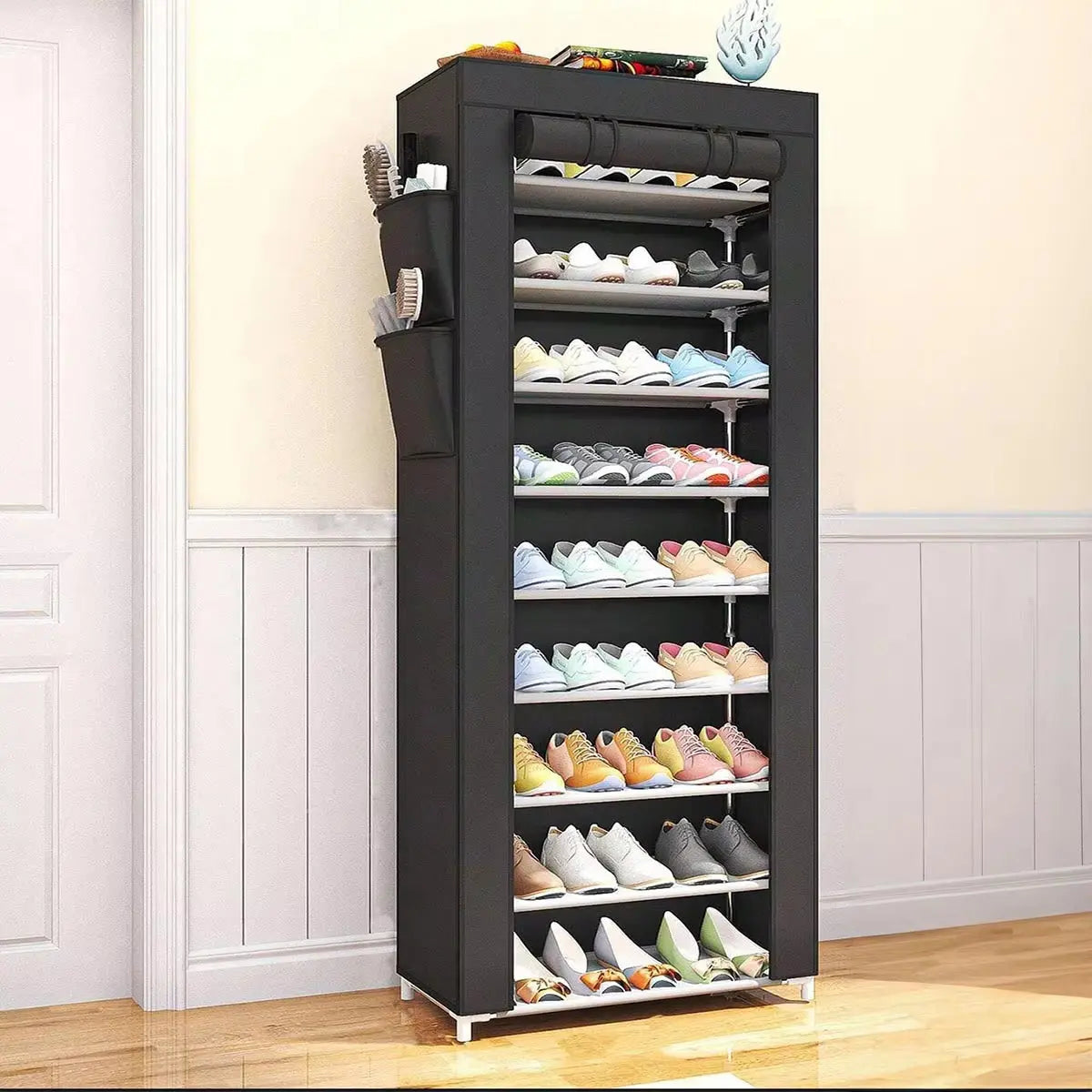 10-Tier Shoe Cabinet with Roll-Up Door Space Saving Shoe Shelf Plastic Shoes Cabinet Organizer Shelf