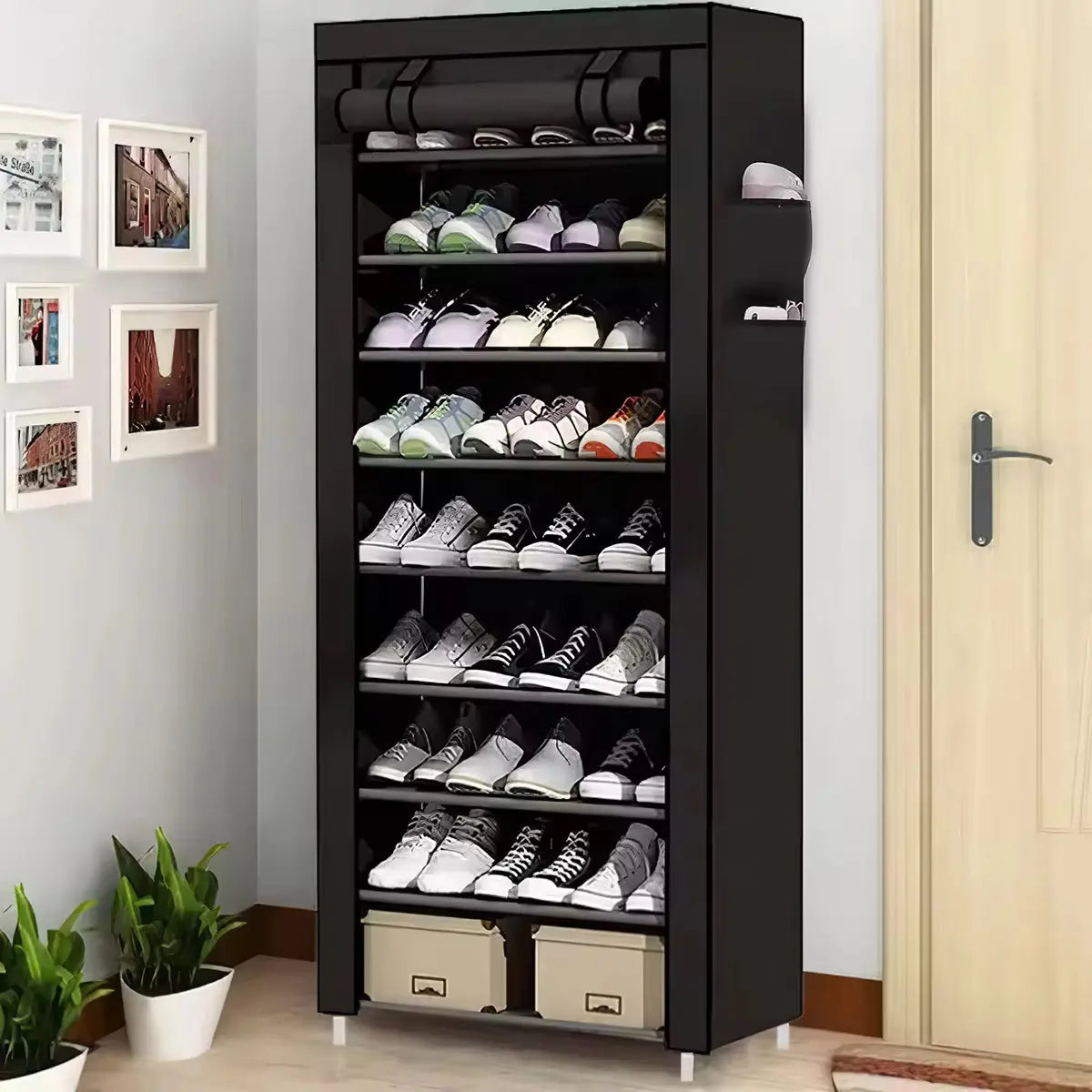 10-Tier Shoe Cabinet with Roll-Up Door Space Saving Shoe Shelf Plastic Shoes Cabinet Organizer Shelf