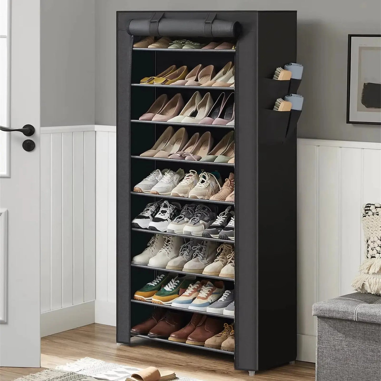 10-Tier Shoe Cabinet with Roll-Up Door Space Saving Shoe Shelf Plastic Shoes Cabinet Organizer Shelf