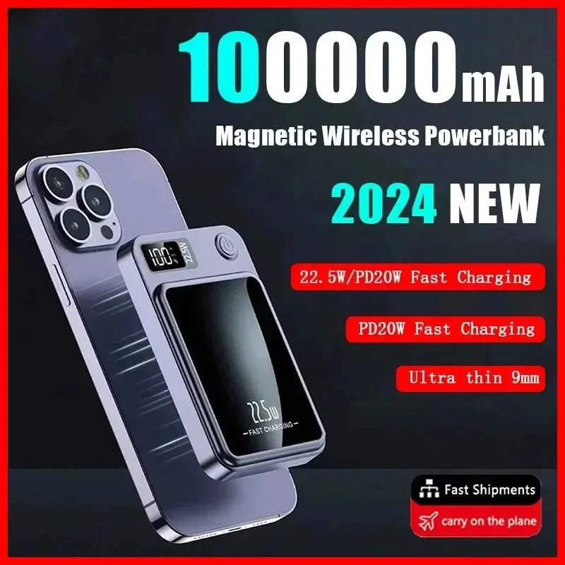 100000mAh Power Bank Wireless Charger Magnetic Digital Display Fast Charging Thin And Portable External Battery Free Shiping Streetsharks