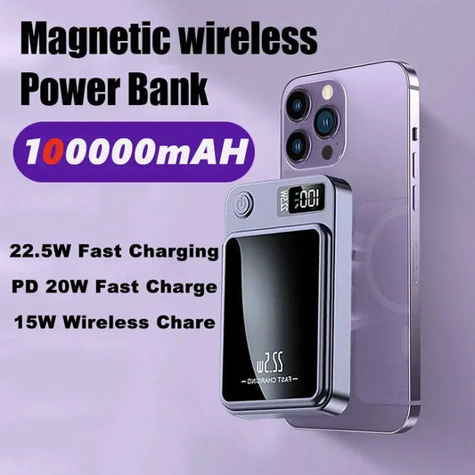 100000mAh Wireless Magnetic Power Bank Super Fast Charging Ultra High Capacity Digital External Battery Power Bank For Iphone 15 Streetsharks