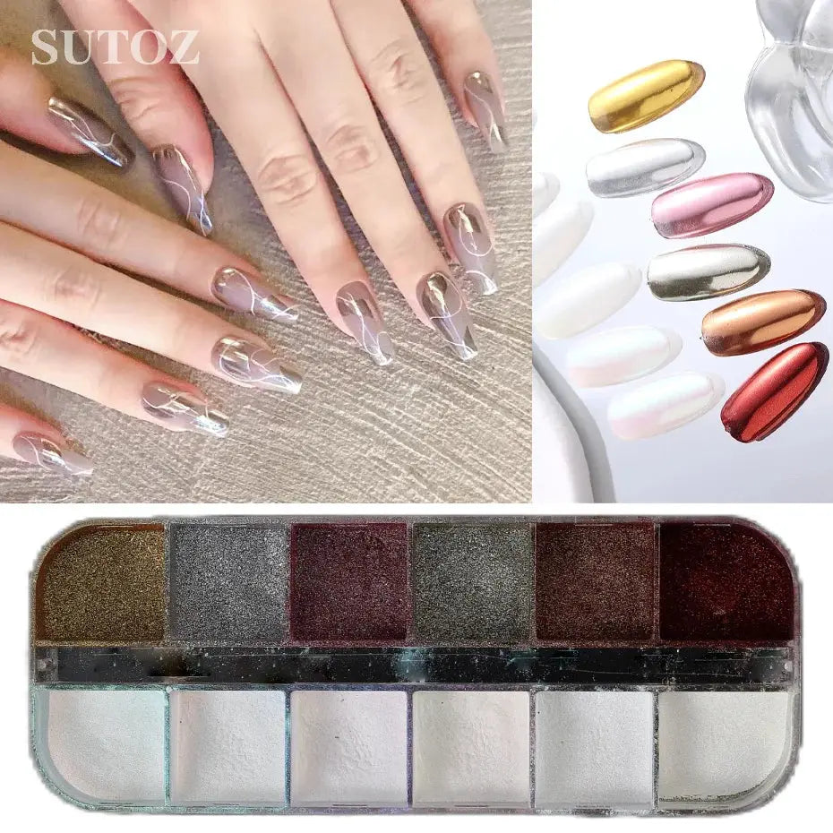 12 Grids Magic Mirror Powders Metal Effect Chrome Nails Powder Set Solid Nail Art Rubbing Dust For Manicure DIY Pigment #12G-HMJ Streetsharks