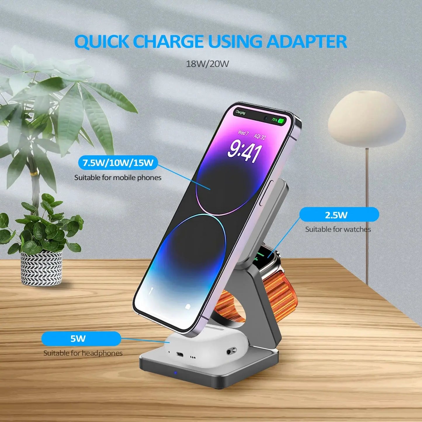 15W 3 in 1 Magnetic Wireless Charger Foldable Phone Charger Holder for Iphone 15 14 13 12 Samsung S23 S22 Airpods 3 Pro Iwatch 8 - Streetsharks