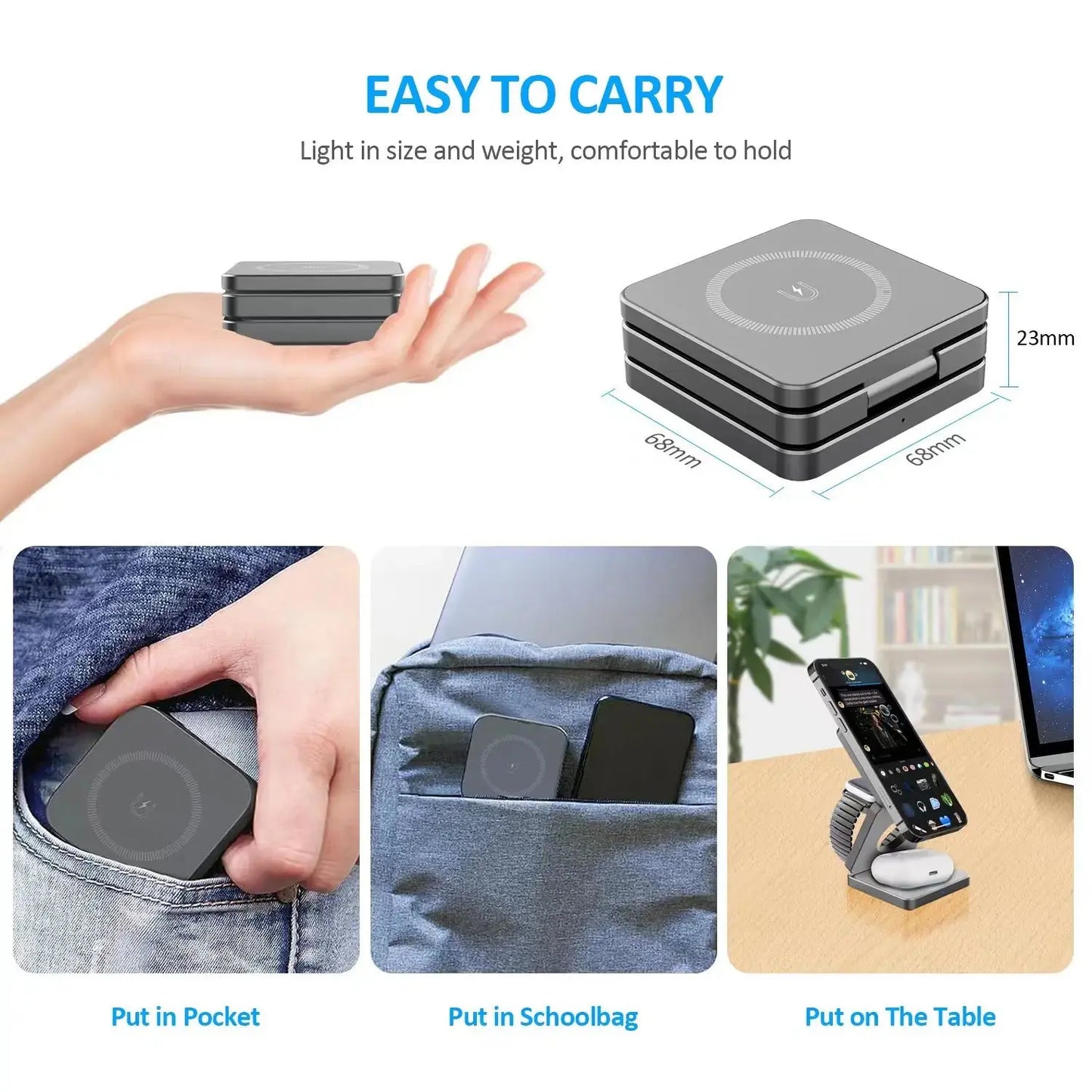 15W 3 in 1 Magnetic Wireless Charger Foldable Phone Charger Holder for Iphone 15 14 13 12 Samsung S23 S22 Airpods 3 Pro Iwatch 8 - Streetsharks