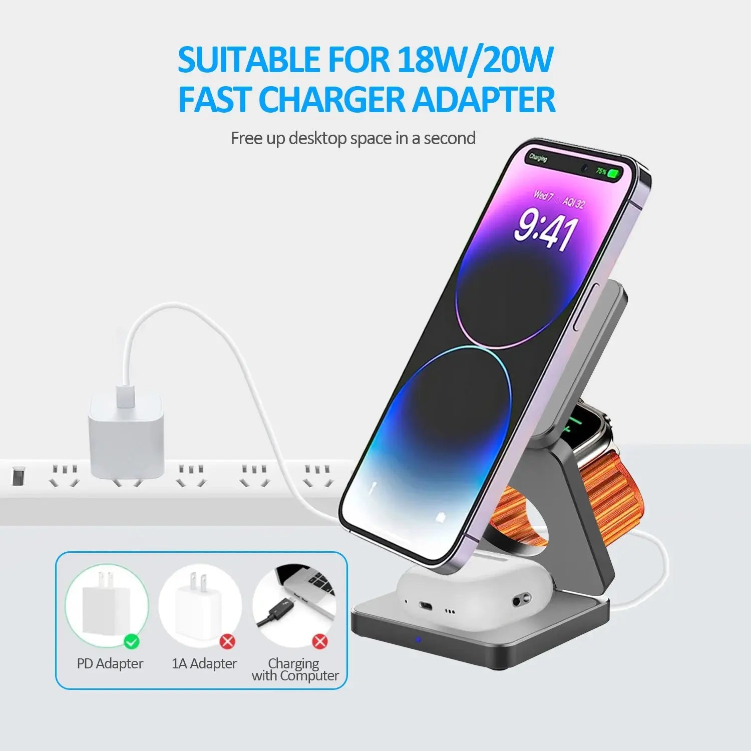 15W 3 in 1 Magnetic Wireless Charger Foldable Phone Charger Holder for Iphone 15 14 13 12 Samsung S23 S22 Airpods 3 Pro Iwatch 8 - Streetsharks