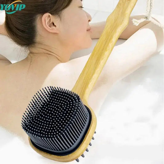 1pc Silicone Brush Head Back Scrubber Shower Brush With Long Wooden Handle Dry Skin Exfoliating Body Massage Cleaning Tool -  Streetsharks