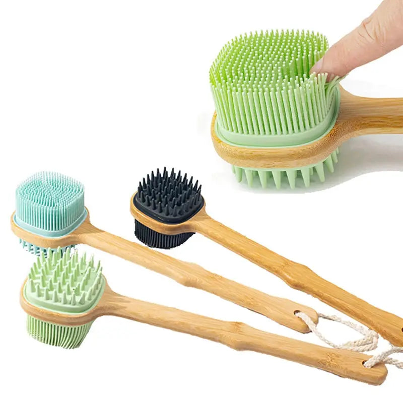 1pc Silicone Brush Head Back Scrubber Shower Brush With Long Wooden Handle Dry Skin Exfoliating Body Massage Cleaning Tool Streetsharks