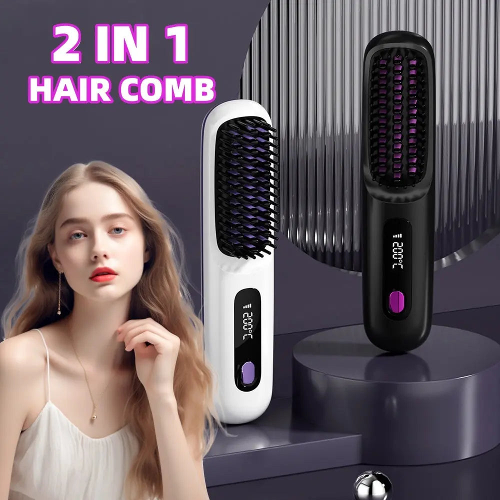 2 In 1 Straight Hair Comb Wireless Hair Straightener Brush Hair Fast Heating Portable Hot Curler USB Charging Streetsharks