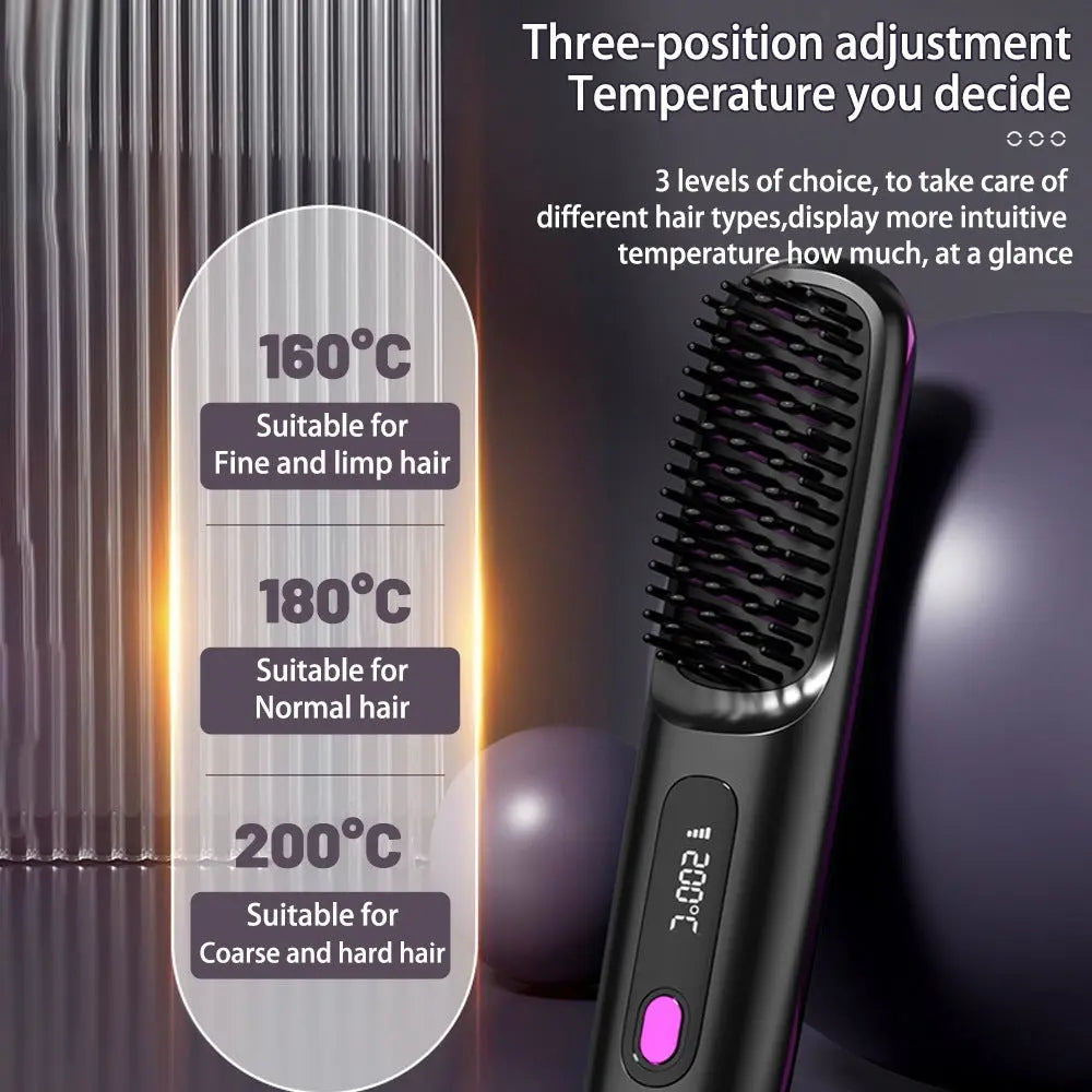 2 In 1 Straight Hair Comb Wireless Hair Straightener Brush Hair Fast Heating Portable Hot Curler USB Charging Streetsharks