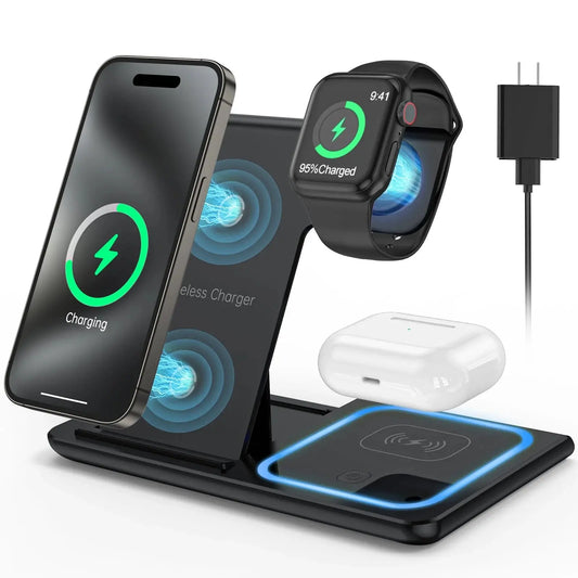 3 in 1 Wireless Charger, 18W Fast Charging Station for Iphone 15/14/13/12 /11/Pro Max/12 Pro /Xr,Wireless Charging Stand for Iwatch Series SE 9/8/7/6/5/4/3, Airpods Pro/3/2 (With QC3.0 Adapter) - Streetsharks