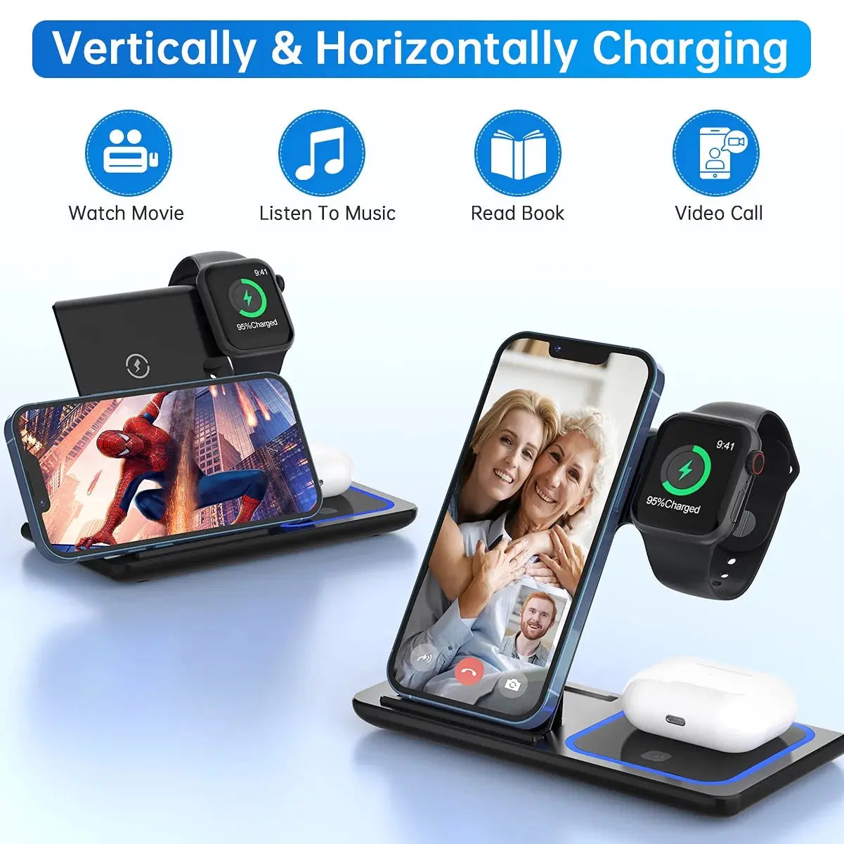 3 in 1 Wireless Charger, 18W Fast Charging Station for Iphone 15/14/13/12 /11/Pro Max/12 Pro /Xr,Wireless Charging Stand for Iwatch Series SE 9/8/7/6/5/4/3, Airpods Pro/3/2 (With QC3.0 Adapter) - Streetsharks