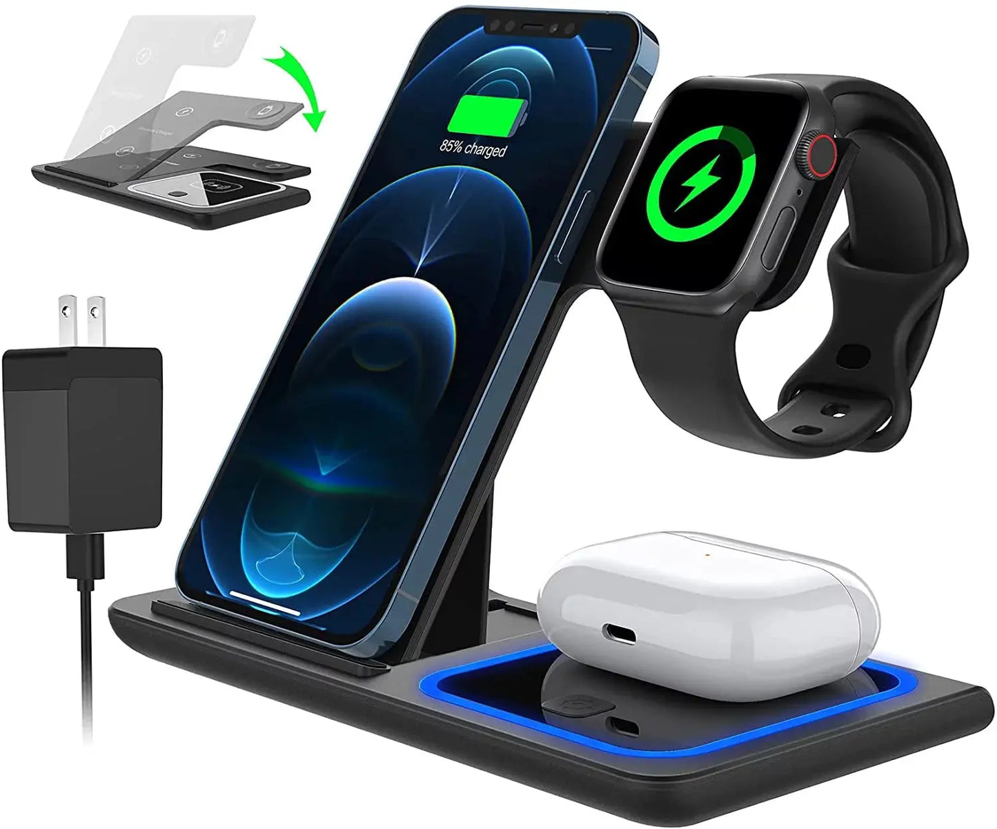 3 in 1 Wireless Charger, 18W Fast Charging Station for Iphone 15/14/13/12 /11/Pro Max/12 Pro /Xr,Wireless Charging Stand for Iwatch Series SE 9/8/7/6/5/4/3, Airpods Pro/3/2 (With QC3.0 Adapter) - Streetsharks