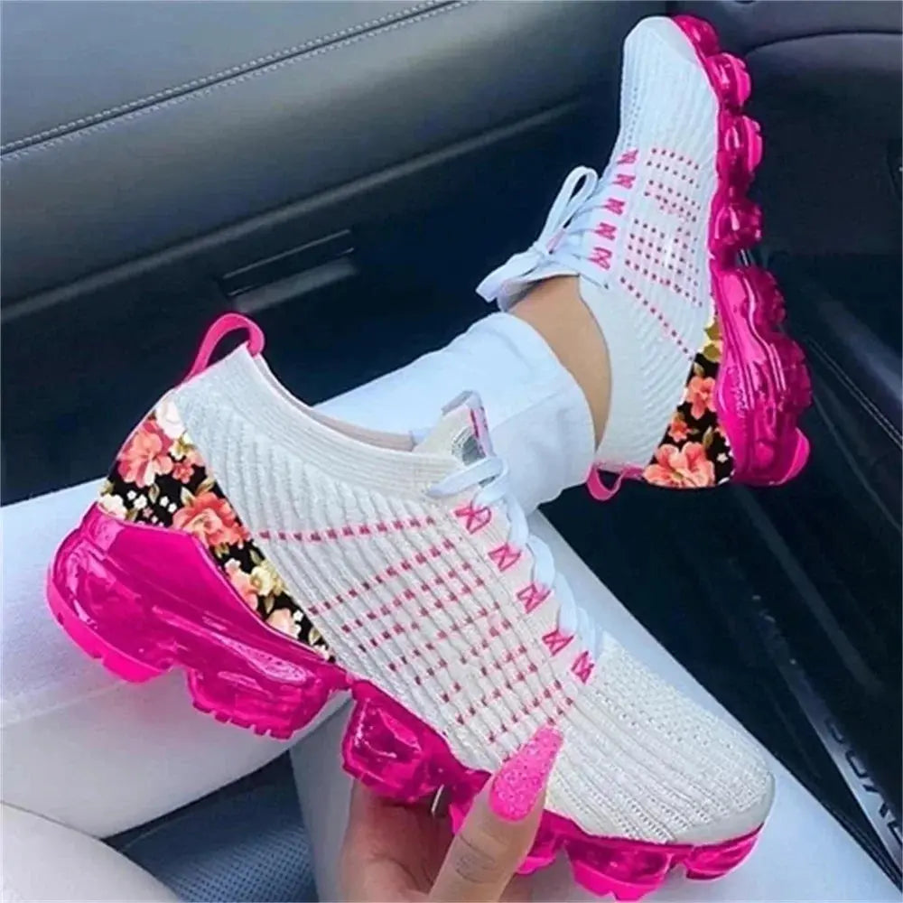 2024 New Sneakers Women Spring Fashion Knitted Fabric Floral Lace Up Ladies Casual Shoes Larged-Size Flats Running Sport Streetsharks