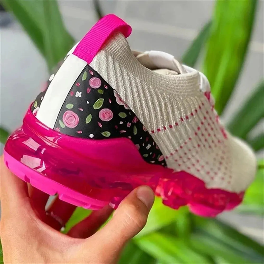 2024 New Sneakers Women Spring Fashion Knitted Fabric Floral Lace Up Ladies Casual Shoes Larged-Size Flats Running Sport Streetsharks