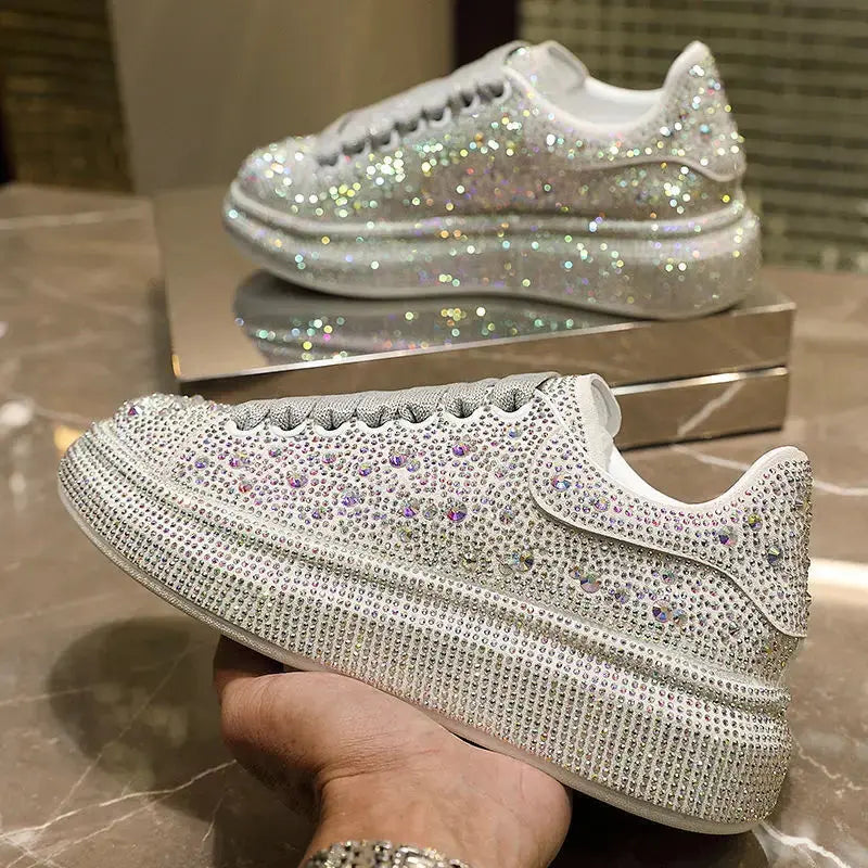 2024 Autumn Women Platform Shoes crystal Thick-soled White Silver Shoes Shining Crystal Sneakers Trend Casual Sneakers Streetsharks