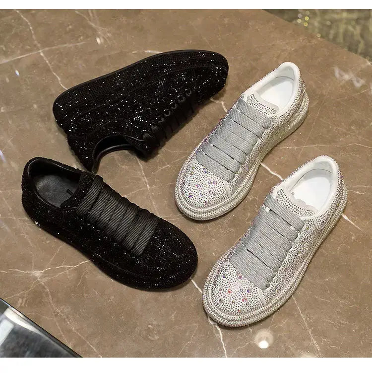 2024 Autumn Women Platform Shoes crystal Thick-soled White Silver Shoes Shining Crystal Sneakers Trend Casual Sneakers Streetsharks