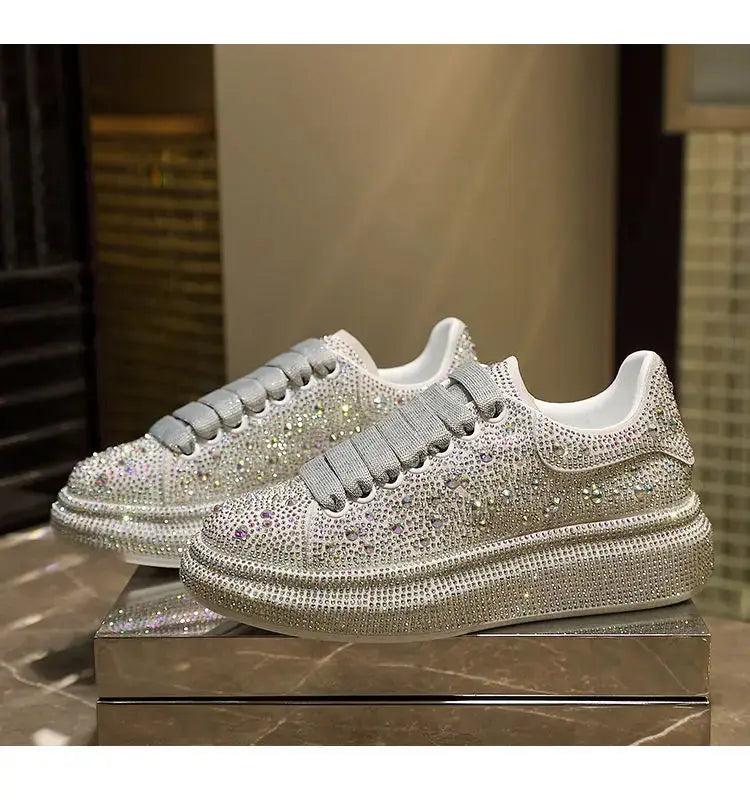 2024 Autumn Women Platform Shoes crystal Thick-soled White Silver Shoes Shining Crystal Sneakers Trend Casual Sneakers Streetsharks