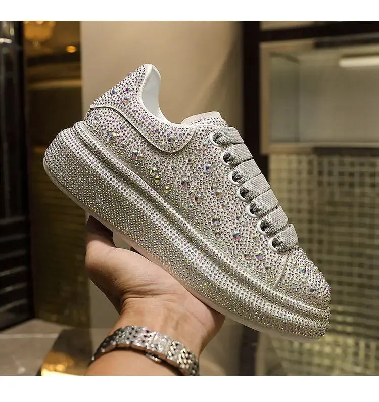 2024 Autumn Women Platform Shoes crystal Thick-soled White Silver Shoes Shining Crystal Sneakers Trend Casual Sneakers Streetsharks