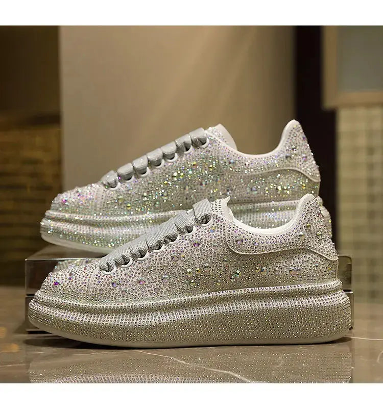 2024 Autumn Women Platform Shoes crystal Thick-soled White Silver Shoes Shining Crystal Sneakers Trend Casual Sneakers Streetsharks