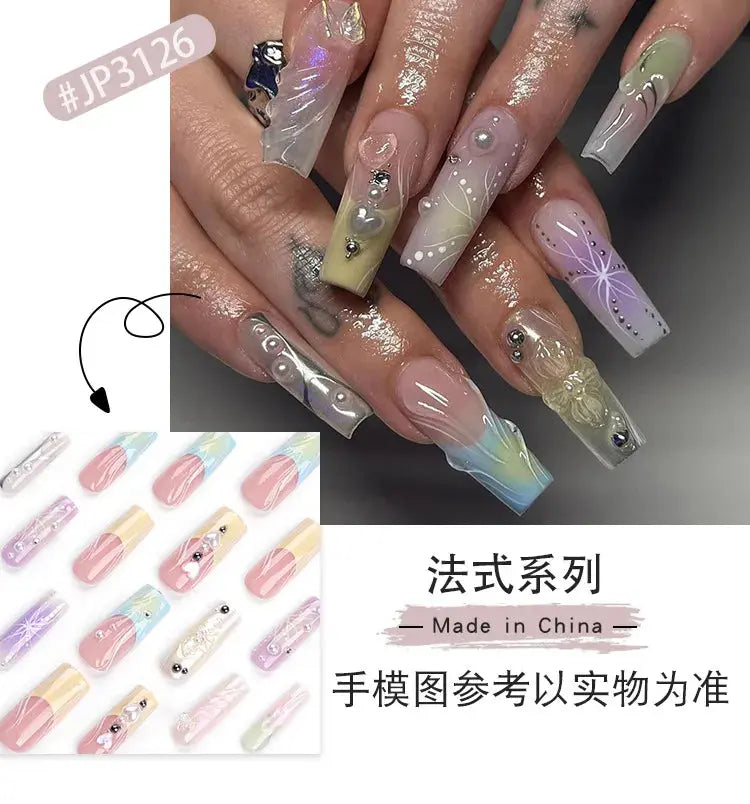 24PCS French 3D Colorful False Nails Wearing Nail Patch Gradient Y2K Butterfly Square Nail Art Artificial Nails With Adhesive Streetsharks