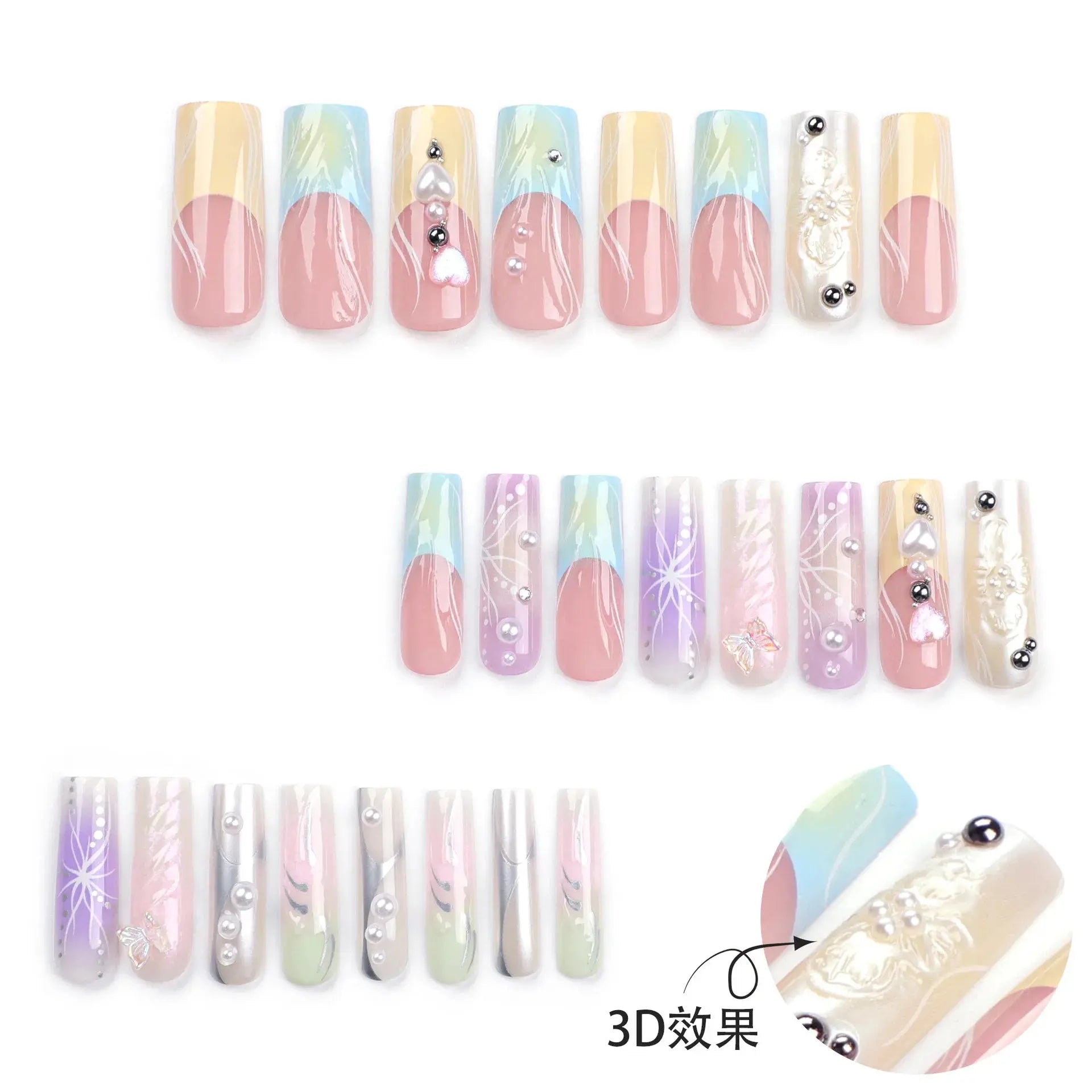 24PCS French 3D Colorful False Nails Wearing Nail Patch Gradient Y2K Butterfly Square Nail Art Artificial Nails With Adhesive Streetsharks