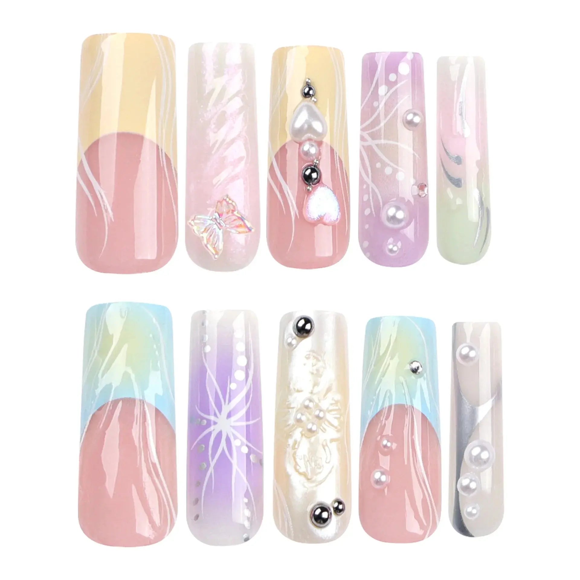 24PCS French 3D Colorful False Nails Wearing Nail Patch Gradient Y2K Butterfly Square Nail Art Artificial Nails With Adhesive Streetsharks