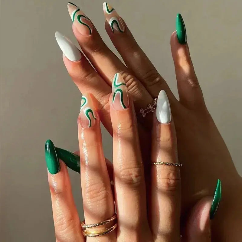 24Pcs Simple Green French False Nails Short Almond Fake Nails with Wave Line Design Wearable Round Head Press on Nail Tips - Streetsharks