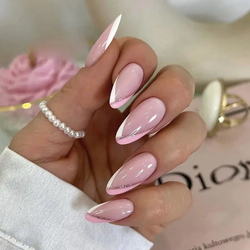 24pcs Almond Aurora French False Nails White Edge Design Fake Nails Art Full Coverage Waterproof Artificial Press on Nail - Streetsharks