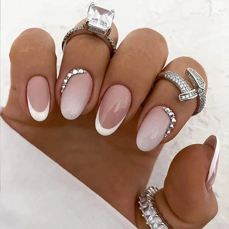 24pcs Almond Aurora French False Nails White Edge Design Fake Nails Art Full Coverage Waterproof Artificial Press on Nail - Streetsharks