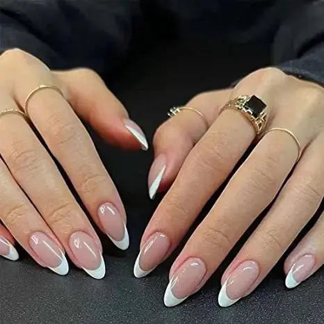 24pcs Almond Aurora French False Nails White Edge Design Fake Nails Art Full Coverage Waterproof Artificial Press on Nail - Streetsharks