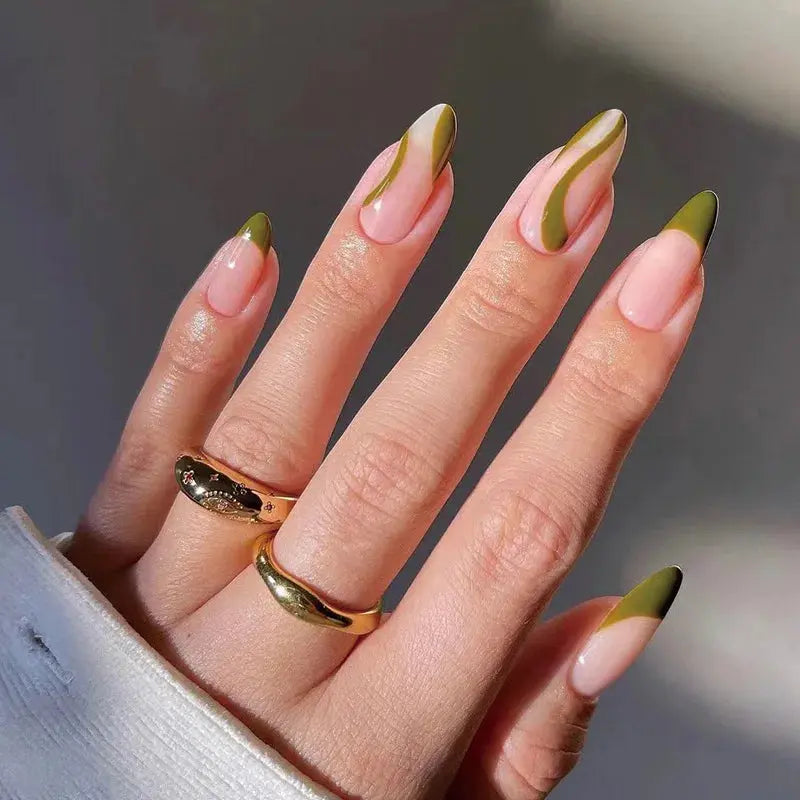 24pcs Light Green Stripe Gradient Wearing Fake Nails Seamless Removable Full Cover Long False Nails Press On Nails With Designs - Streetsharks