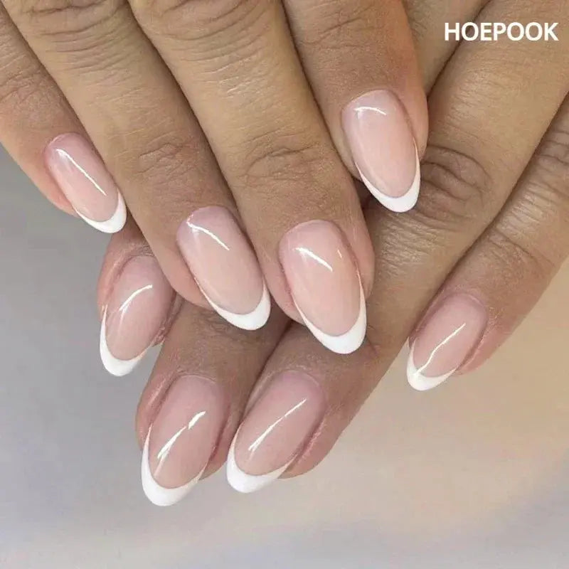 24pcs Nude French Fake Nails White Edge Almond False Nails Art Full Coverage Removable Waterproof Artificial Press on Nail Streetsharks