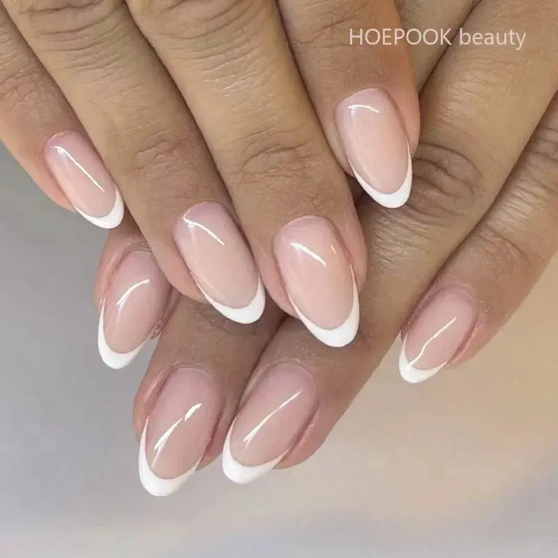 24pcs Nude French Fake Nails White Edge Almond False Nails Art Full Coverage Removable Waterproof Artificial Press on Nail - Streetsharks