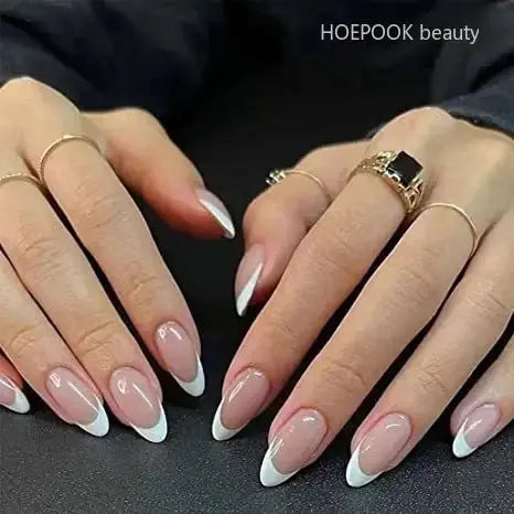 24pcs Nude French Fake Nails White Edge Almond False Nails Art Full Coverage Removable Waterproof Artificial Press on Nail - Streetsharks