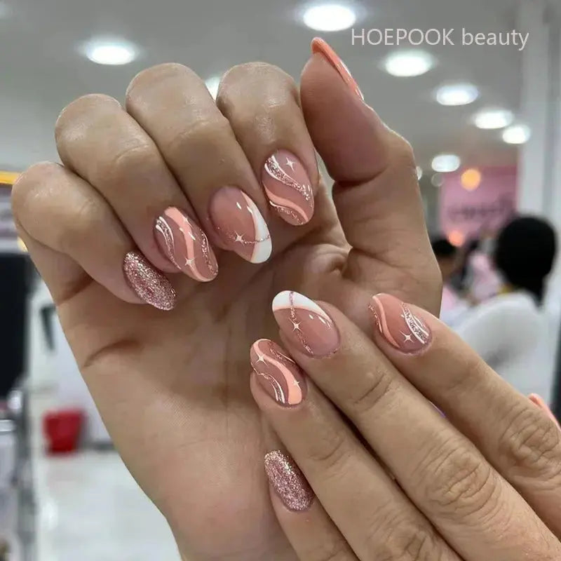 24pcs Nude French Fake Nails White Edge Almond False Nails Art Full Coverage Removable Waterproof Artificial Press on Nail - Streetsharks