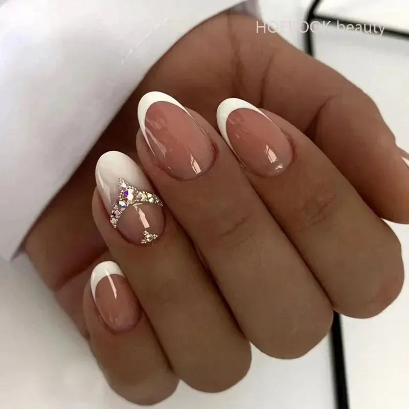 24pcs Nude French Fake Nails White Edge Almond False Nails Art Full Coverage Removable Waterproof Artificial Press on Nail - Streetsharks