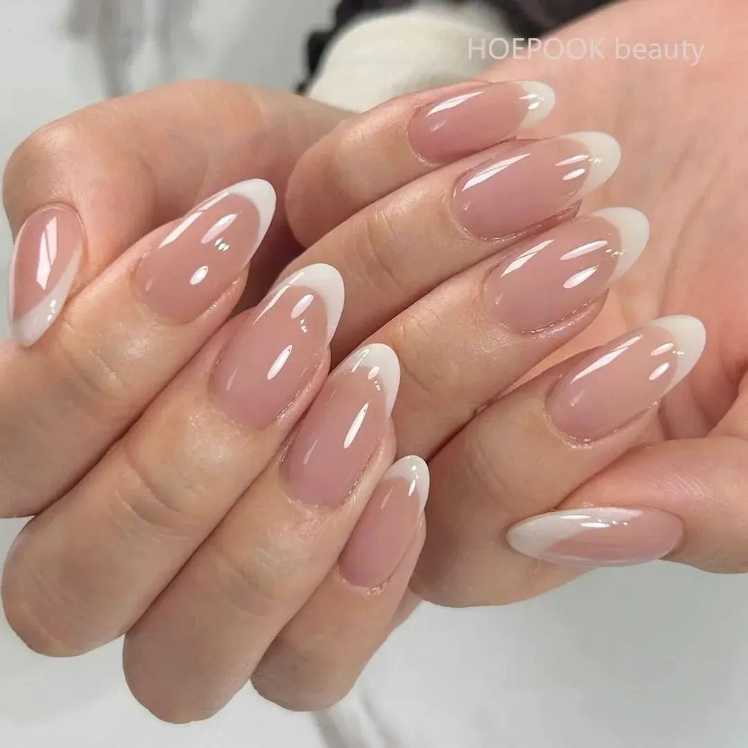 24pcs Nude French Fake Nails White Edge Almond False Nails Art Full Coverage Removable Waterproof Artificial Press on Nail - Streetsharks