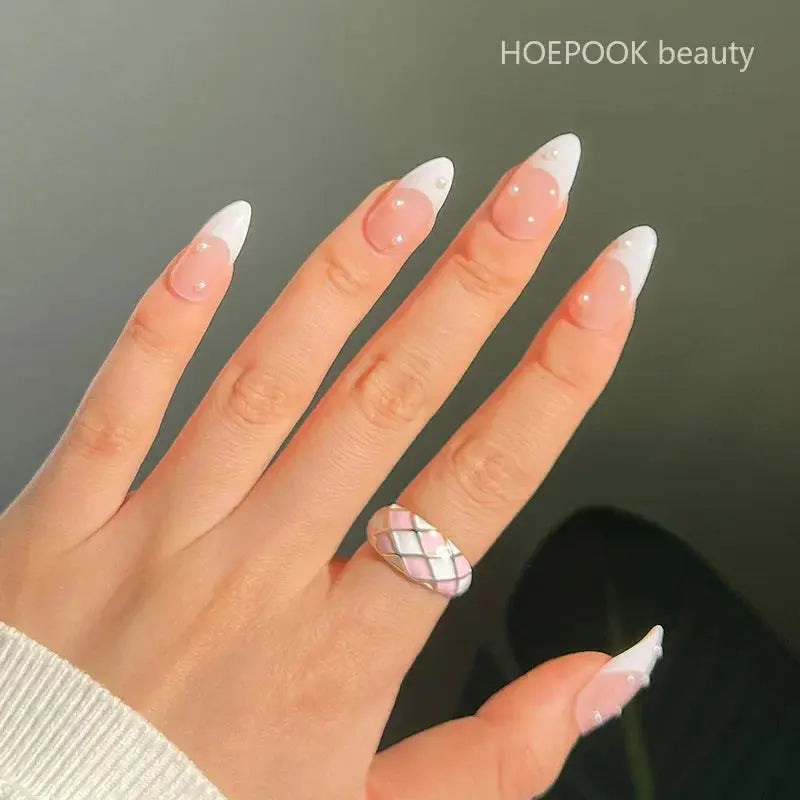 24pcs Nude French Fake Nails White Edge Almond False Nails Art Full Coverage Removable Waterproof Artificial Press on Nail - Streetsharks