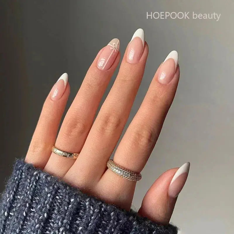 24pcs Nude French Fake Nails White Edge Almond False Nails Art Full Coverage Removable Waterproof Artificial Press on Nail - Streetsharks