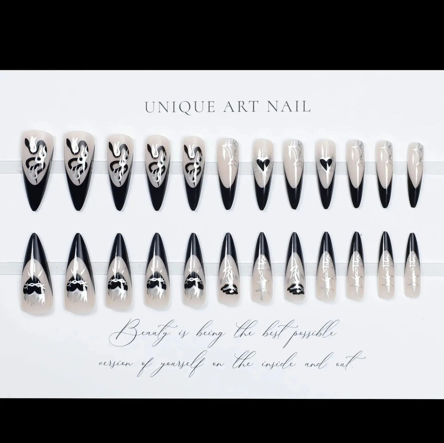 24pcs Y2K Fake Nails Black Long Pointed False Nail Patch Love Flower Printed Full Finished Wearable Press on Nail Tips for Women Streetsharks