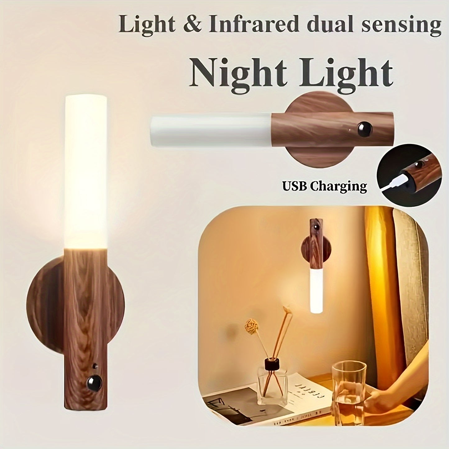 Motion-Activated LED Night Light - Magnetic, Adhesive Wall Mount for Cabinets, Stairs & Hallways - Perfect for Halloween, Christmas, Thanksgiving Decor - Walnut/Maple Finish TU Streetsharks