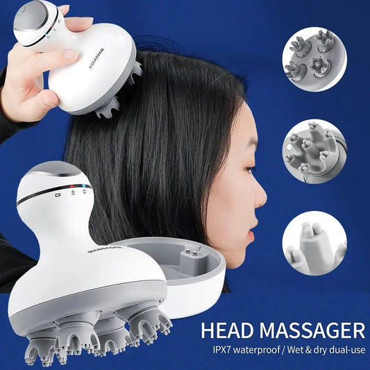 3D Waterproof Electric Head Massager Wireless Scalp Massage Promote Hair Growth Body Deep Tissue Kneading Vibration Roller Streetsharks