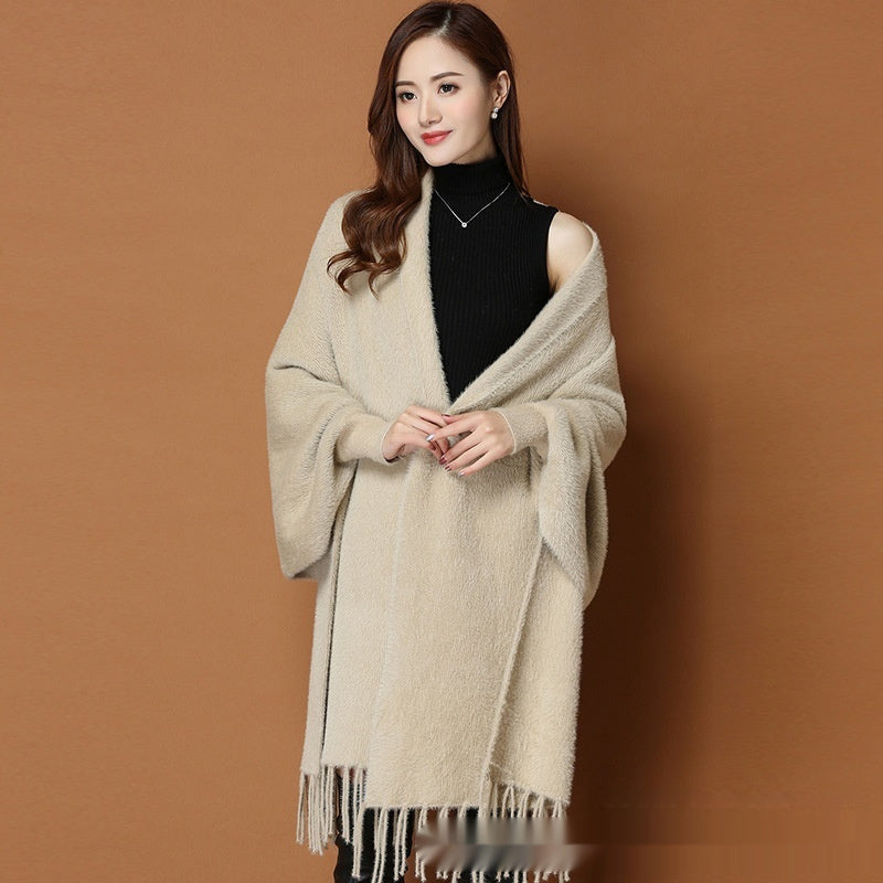 Autumn And Winter Classic Pure Color Thickened Faux Mink Sleeved Shawl Women's Scarf StreetSharks