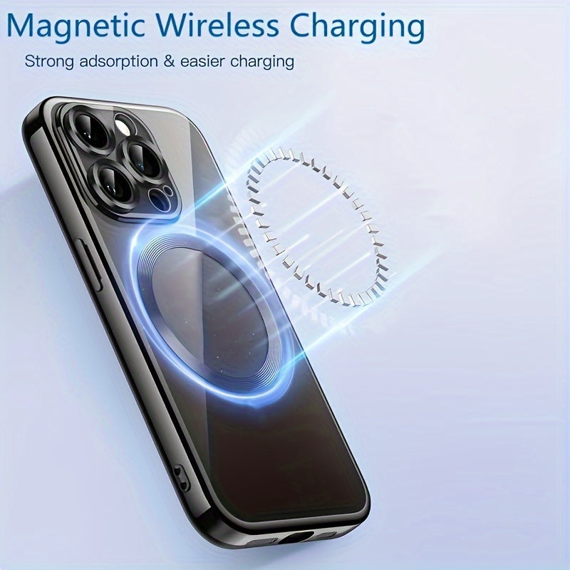 Luxury Magnetic Wireless Charge Plating Clear Phone Case for iPhone 16 15 14 13 12 11 Pro Max Plus Ultra-Thin Soft TPU Shockproof Transparent Cover with Camera Lens Protector Film DT Streetsharks