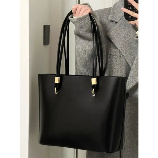 Black PU Tote Bag 2024 New Women's High Capacity Minimalist Zipper Shoulder Bag Classic Fashion Classroom Commuter Handbag Tide Streetsharks