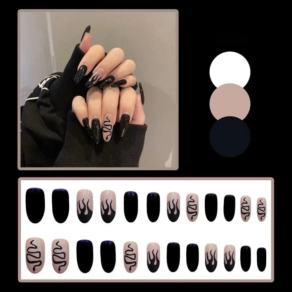 24Pcs/Box Almond Press on Nail Tips Black Long Stiletto Acrylic Fake Nails Design Detachable Full Cover False Nails DIY Manicure Streetsharks