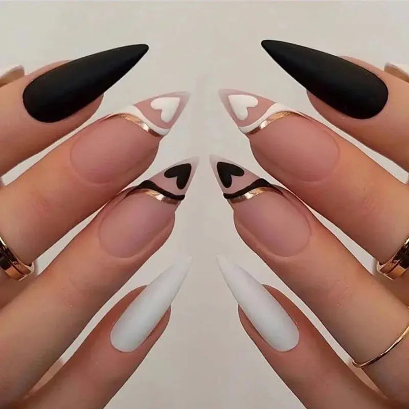 24Pcs/Box Almond Press on Nail Tips Black Long Stiletto Acrylic Fake Nails Design Detachable Full Cover False Nails DIY Manicure - Streetsharks