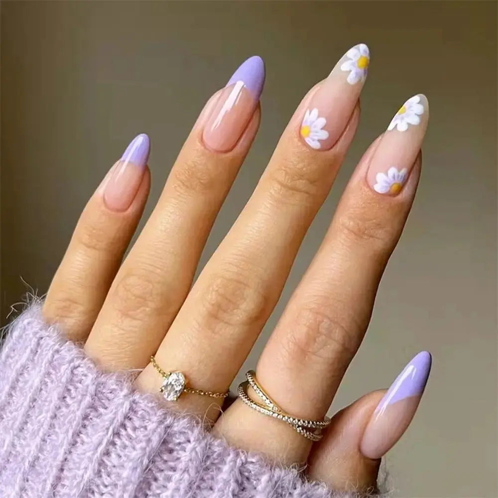 24pcs/Box Ballerina Nail Tip Purple with Design Manicure Patches Fresh Floral Almond False Nails Press on Med Nails Detachable Streetsharks