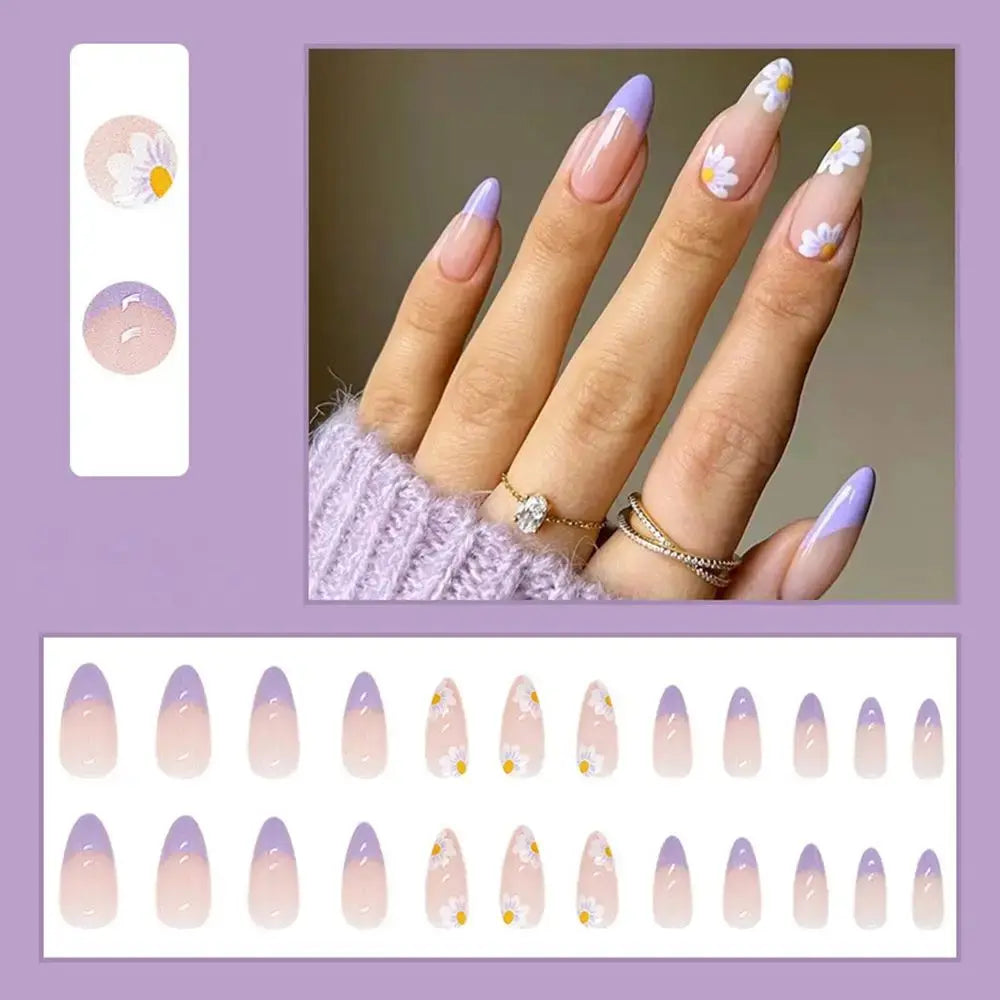 24pcs/Box Ballerina Nail Tip Purple with Design Manicure Patches Fresh Floral Almond False Nails Press on Med Nails Detachable - Streetsharks